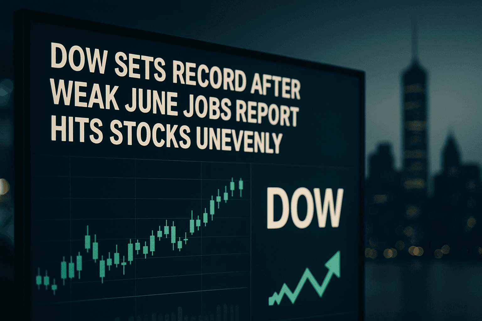 U.S. stock market screen showing the Dow at a record high after a weak June jobs report